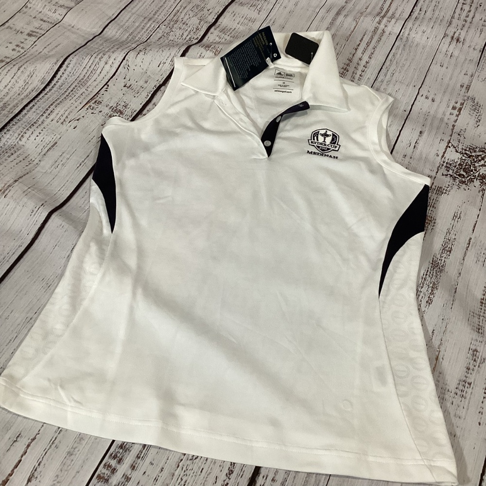 1005. Adidas ClimaCool White & Blue Sleeveless Golf Polo Size M NWT - Picture 2 of 5